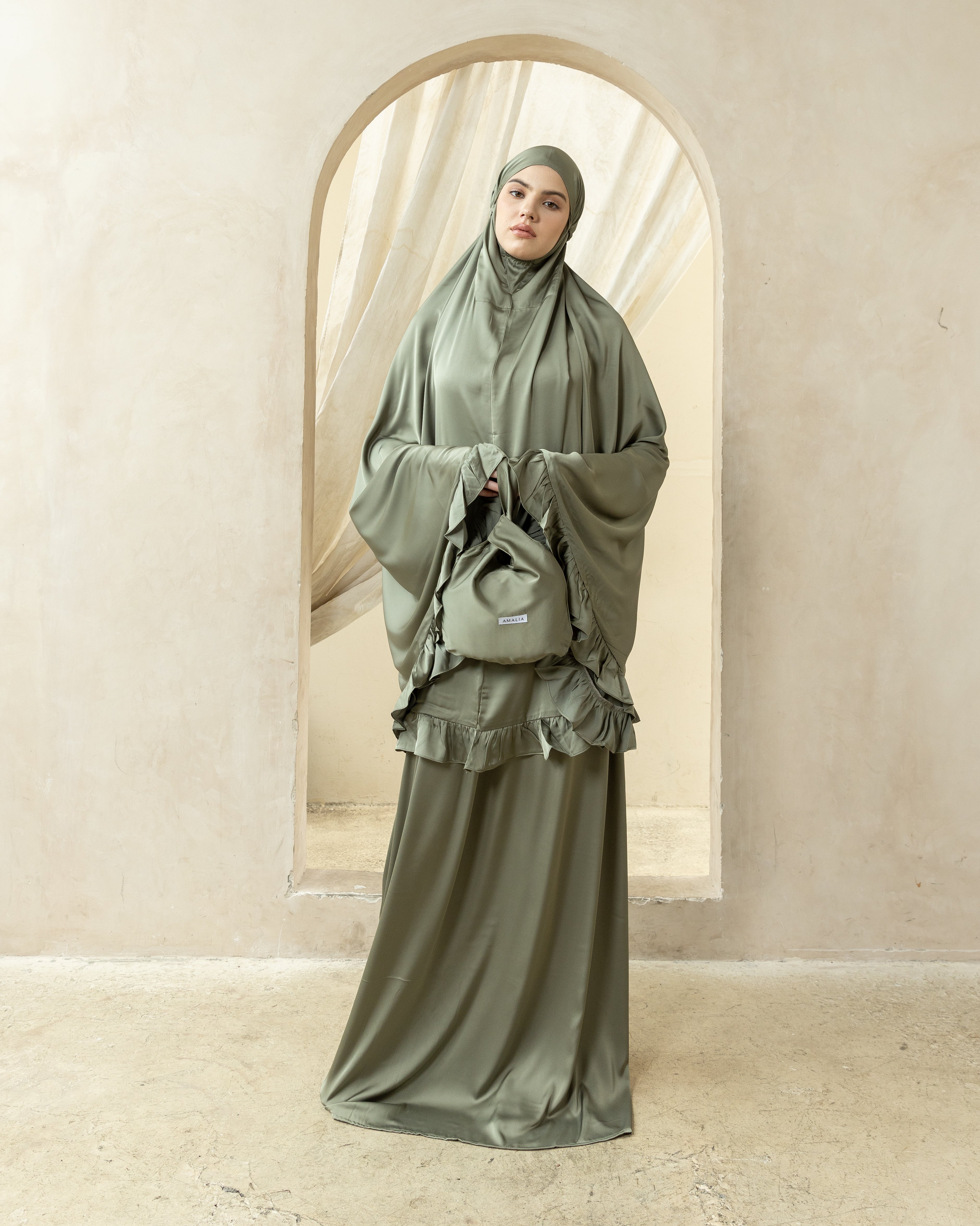 luxury prayer dress Luxury Silk Prayer Set Clothes in Sage Green – AmaliaCollection