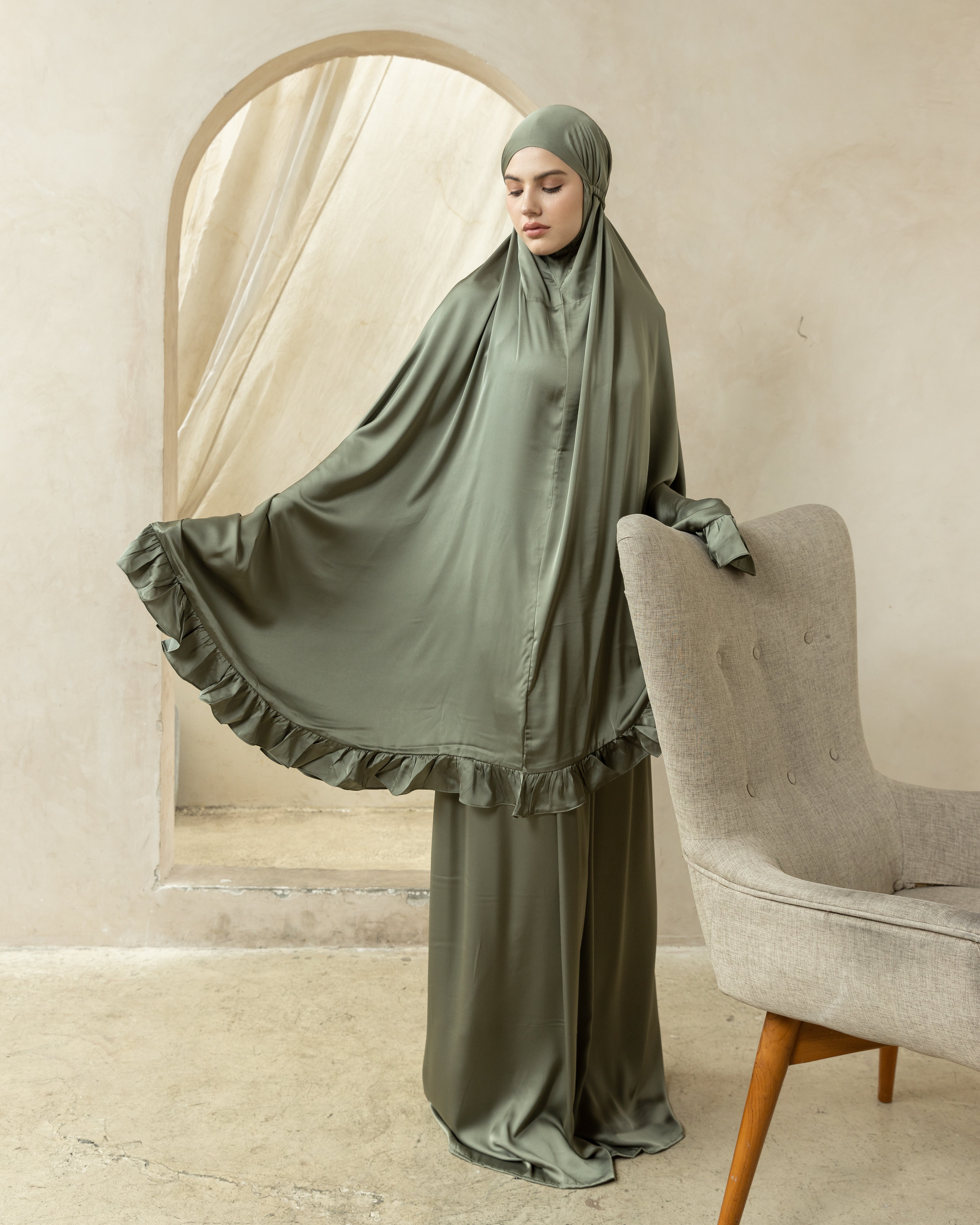 Luxury Silk Prayer Set Clothes in Sage Green