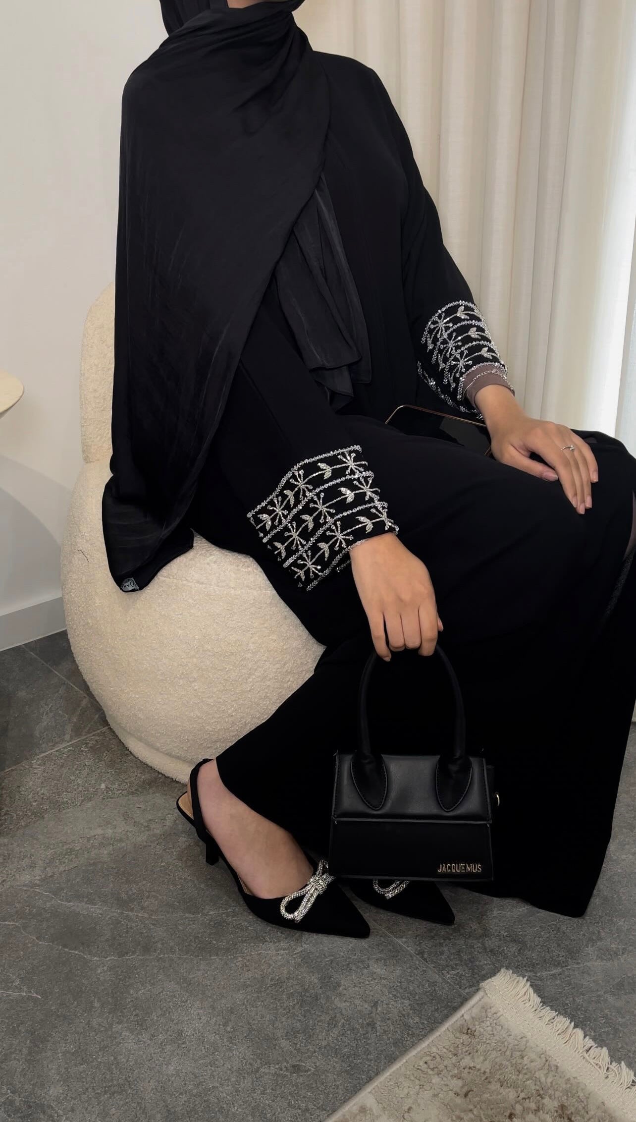 Glamour Crepe Beaded Black Abaya Set