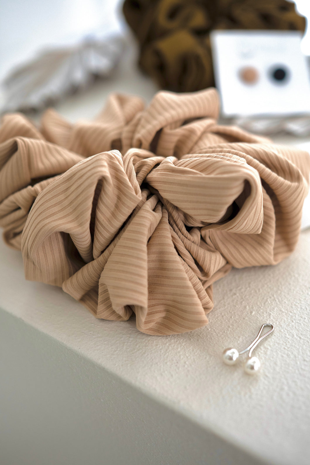 Beige Ribbed Jersey Scrunchies